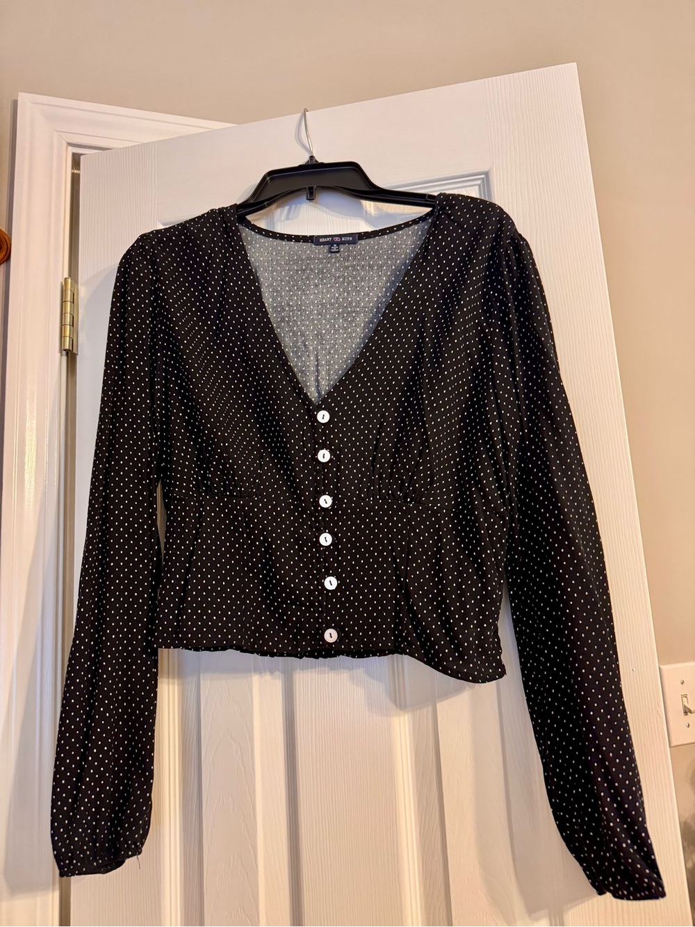 Black Polka Dot Button-Front Long-Sleeve Top